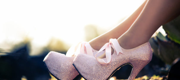 Close up of a pink high heels with little diamons